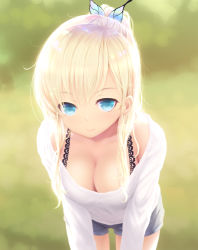 Rule 34 | 10s, 1girl, aqua eyes, blonde hair, blue eyes, blush, boku wa tomodachi ga sukunai, bra, breasts, bug, butterfly, butterfly hair ornament, cait aron, cleavage, female focus, hair ornament, highres, bug, kashiwazaki sena, large breasts, leaning forward, long hair, looking at viewer, nature, outdoors, ponytail, shorts, smile, solo, underwear