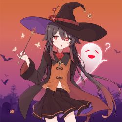 Rule 34 | 1girl, :d, ?, alternate costume, bat (animal), black hair, chinese clothes, commentary request, genshin impact, ghost, hair between eyes, halloween, hat, holding, holding wand, hu tao (genshin impact), kokage (chenff), long hair, long sleeves, looking at viewer, midriff, open mouth, parted lips, pleated skirt, red eyes, sidelocks, skirt, smile, staff of homa (genshin impact), symbol-shaped pupils, twintails, wand, witch, witch hat