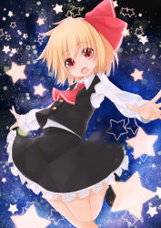 Rule 34 | 1girl, ascot, blonde hair, hair ribbon, highres, long sleeves, looking at viewer, maru-pen, open mouth, outstretched arms, red eyes, ribbon, rumia, shirt, short hair, skirt, skirt set, smile, solo, star (symbol), touhou, vest