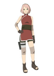 Rule 34 | 1girl, absurdres, arm warmers, bandages, bare shoulders, belt, bike shorts, black gloves, breasts, dress, eyelashes, facial mark, forehead mark, full body, gloves, green eyes, hand on own hip, haruno sakura, headband, headdress, highres, leg warmers, looking at viewer, naruto: the last, naruto (series), official art, pink hair, pocket, red dress, sash, shoes, short dress, short hair, side slit, simple background, sleeveless, sleeveless dress, solo, standing, thigh strap, thighs, toeless footwear, toes, turtleneck, white background