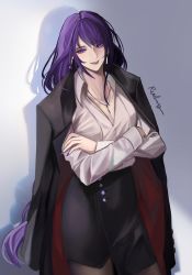 Rule 34 | 1girl, absurdres, braid, breasts, cleavage, closed mouth, coat, coat on shoulders, collared shirt, crossed arms, earrings, genshin impact, grey background, highres, jewelry, large breasts, long hair, long sleeves, looking at viewer, mole, mole under eye, office lady, purple eyes, purple hair, raiden shogun, rudang, shirt, sidelocks, signature, skirt, solo, two-sided coat, two-sided fabric, white shirt, wing collar
