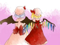 Rule 34 | 2girls, ascot, bad id, bad pixiv id, blonde hair, blouse, bow, comic, dress, female focus, flandre scarlet, from behind, hair ribbon, hammer (sunset beach), hat, large bow, light purple hair, multiple girls, remilia scarlet, ribbon, shirt, short hair, siblings, side ponytail, silent comic, sisters, skirt, touhou, wings