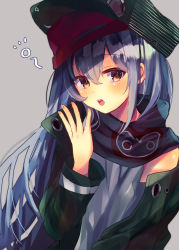 Rule 34 | 1girl, blue hair, blush, brown eyes, commentary, ebihara beniko, fingernails, flat cap, g11 (girls&#039; frontline), girls&#039; frontline, green hat, green jacket, grey background, grey tank top, hair between eyes, hat, highres, jacket, long hair, looking at viewer, off shoulder, open clothes, open jacket, open mouth, round teeth, simple background, solo, squeans, tank top, teeth, upper body, upper teeth only, very long hair, yawning