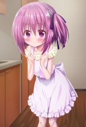 Rule 34 | 1girl, absurdres, apron, arms up, artina, blush, child, clenched hands, hands on own chest, highres, indoors, kitchen, leaning forward, minato tomoka, pink apron, purple eyes, purple hair, ribbon, rou-kyuu-bu!, shirt, short hair, side ponytail, smile, solo, yellow shirt