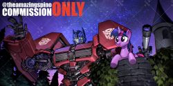 Rule 34 | autobot, black hair, blue eyes, castle, commission, company connection, crossover, glowing, glowing eyes, hasbro, highres, horns, kamitoge supino, mecha, my little pony, my little pony: friendship is magic, night, night sky, open hand, optimus prime, purple eyes, robot, single horn, sky, star (sky), starry sky, transformers, twilight sparkle, unicorn