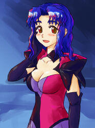 Rule 34 | 1girl, :d, blue background, blue hair, breasts, brown eyes, brown pupils, cleavage, collarbone, commentary, elbow gloves, excel saga, eyelashes, gloves, hair intakes, hand on own face, hand up, highres, hyatt, long hair, looking at viewer, medium breasts, open mouth, smile, solo, wavy hair, zawabug