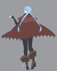 Rule 34 | 1girl, 596821w, ahoge, back, back turned, blue eyes, blue hair, boots, braid, bridal gauntlets, cape, fire emblem, fire emblem fates, full body, hairband, hood, hooded cape, looking at viewer, looking back, nina (fire emblem), nintendo, pantyhose, solo, twin braids