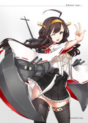 Rule 34 | 10s, 1girl, ;d, ahoge, asya, bare shoulders, blush, brown hair, detached sleeves, double bun, hair bun, hairband, headgear, highres, japanese clothes, kantai collection, kongou (kancolle), kongou kai ni (kancolle), long hair, looking at viewer, nontraditional miko, one eye closed, open mouth, ribbon-trimmed sleeves, ribbon trim, simple background, skirt, smile, solo, thighhighs, v, zettai ryouiki