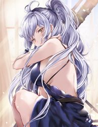 Rule 34 | 1girl, ahoge, backless dress, backless outfit, bad id, bad pixiv id, bare arms, bare back, bare shoulders, blue dress, blush, braid, breasts, commentary request, curtains, dress, granblue fantasy, gun, hair between eyes, hair over shoulder, highres, large breasts, long hair, looking at viewer, pink lips, ponytail, rifle, side braid, silva (gentian blue) (granblue fantasy), silva (granblue fantasy), silver hair, sitting, smile, sniper, sniper rifle, solo, soraneko hino, sunlight, twin braids, very long hair, wavy hair, weapon, window, yellow eyes