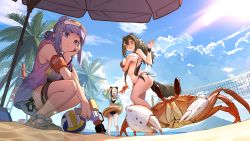 Rule 34 | 3girls, alternate costume, animal, animal ears, arknights, armband, ball, beach, beach umbrella, bear ears, bikini, bird, black bikini, black hair, blue eyes, blue hair, blush, breast hold, breasts, brown hair, cloud, crab, cropped jacket, ear piercing, expressionless, extra ears, feater (arknights), freckles, front-tie top, full body, goggles, goggles around neck, green jacket, gun, hair between eyes, hair ornament, highres, holding, holding gun, holding weapon, innertube, istina (arknights), jacket, key, large breasts, mountain, multicolored hair, multiple girls, navel, palm tree, panda ears, piercing, pink jacket, ponytail, raccoon ears, raccoon girl, raccoon tail, robin (arknights), sandals, seagull, shorts, side-tie bikini bottom, sky, sleeveless, sleeveless jacket, squatting, standing, star (symbol), star hair ornament, streaked hair, sun, swim ring, swimsuit, tail, thigh strap, thighs, tree, umbrella, volleyball, volleyball (object), volleyball net, wardrobe malfunction, water, water gun, weapon, white footwear, white hair, white shorts, wristband, yellow eyes, zhili xingzou