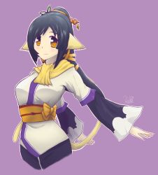 Rule 34 | 1girl, ainu clothes, animal ears, aquaplus, black hair, blush, breasts, cat tail, closed mouth, cowboy shot, dress, gradient eyes, hair ornament, high ponytail, highres, jai san, kuon (utawarerumono), large breasts, layered sleeves, long hair, long sleeves, looking at viewer, multicolored eyes, orange eyes, outstretched arms, ponytail, scarf, sidelocks, smile, solo, spread arms, swept bangs, tail, utawarerumono, utawarerumono: itsuwari no kamen, very long hair, wide hips, wide sleeves, yellow scarf