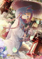 Rule 34 | 1girl, animal ears, blonde hair, bride, commentary, daidou (demitasse), dutch angle, floral print, flower, fox ears, fox tail, green eyes, hair ornament, highres, hood, japanese clothes, kagamine rin, kemonomimi mode, kimono, lantern, light particles, light rays, looking at viewer, looking to the side, oil-paper umbrella, outdoors, shiromuku, shrine, solo, sunlight, tail, uchikake, umbrella, vocaloid
