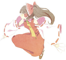 Rule 34 | 1girl, abara heiki, ascot, bare shoulders, bow, brown eyes, brown footwear, brown hair, closed mouth, detached sleeves, frilled bow, frills, from side, full body, hair bow, hair ornament, hair tubes, hakurei reimu, hand fan, harisen, high ponytail, holding, holding fan, japanese clothes, jumping, long hair, long sleeves, looking away, ponytail, profile, red skirt, red vest, ribbon-trimmed sleeves, ribbon trim, shoes, sidelocks, simple background, skirt, skirt set, smile, solo, tareme, touhou, vest, white background, white bow, wide sleeves, yellow ascot