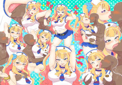 Rule 34 | 1boy, 1girl, :/, :p, armpit sex, armpits, arms behind head, arms up, asymmetrical hair, bangle, blonde hair, blue background, blue eyes, blue sailor collar, blue scrunchie, blue skirt, blush, bracelet, breasts, closed eyes, clothed female nude male, commentary, commission, covered erect nipples, dark-skinned male, dark skin, earrings, english commentary, erection, eyeshadow, fingernails, french kiss, galko, grabbing, grabbing another&#039;s breast, gradient background, green background, grin, gyaru, hair bun, hair ornament, hair scrunchie, half-closed eyes, hand on own hip, handjob, hat, heart, highres, ivancyxic, jewelry, kiss, large breasts, licking, licking another&#039;s cheek, licking another&#039;s face, licking armpit, long fingernails, long hair, makeup, motion lines, multiple views, navel, necktie, nude, one side up, open mouth, oshiete! galko-chan, penis, pink eyeshadow, pink nails, polka dot, polka dot background, profile, sailor collar, sailor hat, saliva, salute, scrunchie, shirt, short necktie, simple background, single side bun, skirt, sleeveless, sleeveless shirt, smile, squiggle, star (symbol), sweat, teeth, tongue, tongue out, uncensored, uncomfortable, upper teeth only, very long hair, watch, white headwear, white shirt, wristwatch
