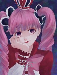 Rule 34 | 1girl, awaji masaru, blunt bangs, capelet, close-up, commentary request, crown, dated, frilled sleeves, frills, hand on own chin, happy birthday, highres, light smile, looking to the side, mini crown, one piece, perona, pink hair, pink ribbon, red lips, ribbon, simple background, solo, twintails