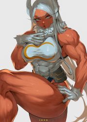 Rule 34 | 1girl, absurdres, animal ears, artist name, bare shoulders, boku no hero academia, breasts, covered abs, crescent print, dark-skinned female, dark skin, fur collar, gloves, hand on own hip, hand on own chest, highleg, highleg leotard, highres, ibuo (ibukht1015), knee up, large breasts, leotard, long eyelashes, long hair, mirko, muscular, muscular female, parted bangs, parted lips, rabbit ears, rabbit girl, red eyes, simple background, sleeveless turtleneck leotard, solo, taut leotard, thick thighs, thighs, veins, veiny arms, very long hair, white background, white gloves, white hair, white leotard