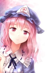 Rule 34 | 1girl, backlighting, bad id, bad pixiv id, blurry, cherry blossoms, depth of field, floral print, frilled shirt collar, frills, hand up, hat, japanese clothes, kimono, leaning to the side, long hair, long sleeves, looking at viewer, minust, mob cap, pink eyes, pink hair, red pupils, ribbon, ribbon-trimmed collar, ribbon trim, saigyouji yuyuko, solo, touhou, triangular headpiece, upper body, veil