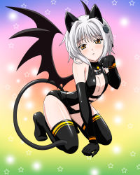 Rule 34 | 10s, 1girl, animal ears, black gloves, black thighhighs, breasts, card (medium), cat ears, cat hair ornament, cat tail, character name, chess piece, cleavage, demon wings, detached sleeves, elbow gloves, flat chest, gloves, hair ornament, halterneck, high school dxd, highres, looking at viewer, rook (chess), short hair, silver hair, solo, tail, thighhighs, toujou koneko, white thighhighs, wings, yellow eyes