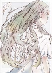 Rule 34 | 1girl, blush, brown hair, dated, feathered wings, feathers, from behind, highres, long hair, original, shirt, short sleeves, signature, simple background, solo, tears, toaruocha, upper body, white background, white feathers, white shirt, white wings, wings