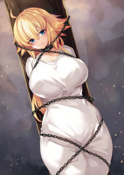 Rule 34 | 1girl, ahoge, arms behind back, bdsm, blonde hair, blue eyes, bondage, bound, breasts, chain, chained, collar, commentary request, dress, fate/grand order, fate (series), hair between eyes, highres, jeanne d&#039;arc (fate), large breasts, light particles, long hair, pole, ruri rarako, solo, very long hair, white dress