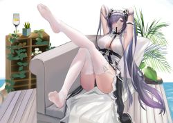 Rule 34 | 1girl, absurdres, armpits, arms behind head, august von parseval (azur lane), august von parseval (the conquered unhulde) (azur lane), azur lane, between breasts, black dress, breasts, center opening, couch, cross-laced clothes, cross-laced dress, curled horns, dress, full body, fuying sanbing, garter straps, hair over one eye, highres, horns, large breasts, long hair, looking at viewer, mechanical horns, mouth hold, official alternate costume, purple eyes, purple hair, sitting, solo, strap between breasts, thighhighs, toes, two-tone dress, very long hair, white dress, white garter straps, white thighhighs