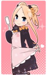Rule 34 | 1girl, abigail williams (fate), apron, black bow, black dress, blonde hair, bloomers, blue eyes, blush, bow, bug, butterfly, closed mouth, double bun, dress, fate/grand order, fate (series), fingernails, forehead, hair bow, hair bun, halftone, halftone background, head tilt, holding, insect, long hair, long sleeves, looking at viewer, looking to the side, multiple hair bows, no headwear, orange bow, parted bangs, pink apron, polka dot, polka dot bow, sidelocks, sleeves past fingers, sleeves past wrists, smile, solo, sparkle, spatula, underwear, white bloomers, yoru nai