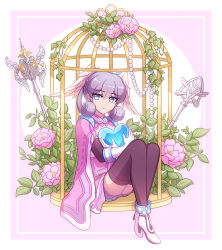 Rule 34 | 1girl, birdcage, black thighhighs, blue eyes, blue heart, border, cage, cape, dress, enni, flower, frown, full body, gloves, head wings, heart, high heels, highres, layered gloves, melia antiqua, no headwear, pink flower, short dress, silver hair, sitting, solo, staff, tears, thighhighs, white border, white footwear, white gloves, wings, xenoblade chronicles (series), xenoblade chronicles 1