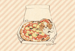 Rule 34 | animal focus, dog, food, food focus, mojacookie, no humans, pizza, pizza box, signature, striped, striped background, twitter username
