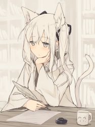 Rule 34 | 1girl, animal ears, blush, bookshelf, cat ears, cat tail, cup, grey eyes, hair between eyes, hair ribbon, hand on own cheek, hand on own face, head rest, indoors, ink, long sleeves, looking away, nagishiro mito, original, paper, quill, ribbon, sidelocks, solo, tail, upper body, writing