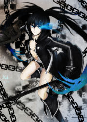 Rule 34 | 10s, 1girl, belt, bikini, black bikini, black footwear, black gloves, black hair, black rock shooter, black rock shooter (character), black shorts, blue eyes, boots, chain, dated, flaming eyes, flat chest, gloves, highres, jewelry, long hair, mek, necklace, short shorts, shorts, signature, solo, swimsuit, twintails