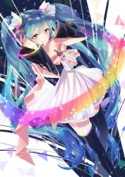 Rule 34 | 1girl, akane yuki (yukito0306), bare shoulders, blue background, blue eyes, blue hair, blue nails, blush, detached sleeves, dress, dutch angle, fingernails, floating hair, frilled dress, frills, full body, green eyes, hands on own head, happy, hatsune miku, headphones, headset, highres, long hair, multicolored background, multicolored eyes, musical note, nail polish, pink background, pink dress, pink ribbon, rainbow, ribbon, sleeveless, sleeveless dress, smile, solo, sparkle background, striped clothes, striped dress, thighhighs, treble clef, triangle, twintails, two-tone dress, vertical-striped clothes, vertical-striped dress, very long hair, vocaloid, white background, white dress