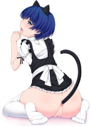 Rule 34 | 10s, 1girl, anal, anal tail, animal ears, ano natsu de matteru, aqua eyes, ass, blue hair, bottomless, butt plug, cat ears, cat tail, fake animal ears, fake tail, fang, from behind, highres, kneeling, licking, maid, nectar (fujiya), no shoes, object insertion, open mouth, pussy, sex toy, short hair, simple background, sitting, solo, tail, tanigawa kanna, thighhighs, tongue, tongue out, uncensored, wariza, white thighhighs