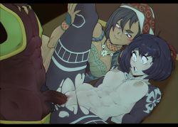 Rule 34 | 1boy, 2girls, arms behind back, black hair, breasts, clothed sex, clothes, coliboly, collar, dark-skinned male, dark skin, gyaru, highres, interracial, large penis, leg up, looking at viewer, male pubic hair, medium breasts, medium hair, missionary, monster hunter (series), multiple girls, muscular, muscular female, muscular male, penis, pubic hair, purple eyes, restrained, sex, smile, surprised, testicles, torn clothes, vaginal, veins, veiny penis