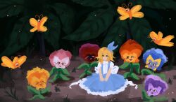 Rule 34 | 1girl, 6+others, alice in wonderland, alice margatroid, alice margatroid (pc-98), blonde hair, blue dress, blue hairband, blue ribbon, bug, butterfly, closed eyes, dress, flower, hairband, highres, insect, looking at another, multiple others, on ground, own hands together, ribbon, short hair, sitting, smile, touhou, touhou (pc-98), user wgkl2284