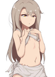 Rule 34 | 1girl, absurdres, bare arms, bare shoulders, breasts, brown hair, closed mouth, fate/kaleid liner prisma illya, fate (series), fingernails, hair between eyes, hands up, highres, illyasviel von einzbern, long hair, looking at viewer, navel, pear sauce, rags, red eyes, simple background, small breasts, solo, v-shaped eyebrows, very long hair, white background