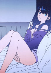 Rule 34 | 1girl, absurdres, artbook, between legs, black hair, breasts, cleavage, cosplay, feet, flat color, gridman universe, hand between legs, highres, igawa norie, indoors, long hair, looking at viewer, night, no bra, open clothes, open shirt, parted lips, scan, shinjou akane, shinjou akane (cosplay), solo, ssss.gridman, takarada rikka