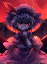 Rule 34 | 1girl, bat wings, closed mouth, cowboy shot, dress, fang, hat, hat ribbon, isu (is88), looking at viewer, petticoat, puffy short sleeves, puffy sleeves, purple hair, red background, red eyes, remilia scarlet, ribbon, short hair, short sleeves, smile, solo, standing, touhou, wings