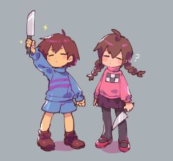 Rule 34 | 1girl, 1other, ?, arm up, bad id, bad twitter id, blue shorts, blue sweater, boots, braid, brown footwear, clenched hand, crossover, frisk (undertale), grey background, inactive account, jeepochu, knife, madotsuki, pantyhose, pink sweater, purple skirt, red footwear, shorts, simple background, skirt, sparkle, sweater, trait connection, twin braids, twintails, undertale, yume nikki