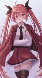 Rule 34 | 1girl, ahoge, belt, belt buckle, black belt, black bow, black necktie, blush, boots, bow, breast pocket, brown footwear, buckle, closed mouth, collared shirt, crossed arms, date a live, floating hair, frown, grey background, hair between eyes, hair bow, highres, itsuka kotori, jacket, jacket on shoulders, long hair, long sleeves, looking at viewer, miniskirt, necktie, open clothes, open jacket, pleated skirt, pocket, red eyes, red hair, red jacket, red skirt, seungju lee, shirt, skirt, solo, standing, thigh boots, thighhighs, twintails, very long hair, white shirt, wing collar, zettai ryouiki