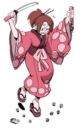 Rule 34 | 1girl, absurdres, arms up, bow, brown eyes, brown hair, cat, cat teaser, dice, feet, full body, fuu (samurai champloo), hair ornament, highres, holding, holding sheath, holding sword, holding weapon, japanese clothes, kimono, leiana nitura, long sleeves, looking down, pink kimono, ponytail, samurai champloo, sandals, sheath, skull, solo, standing, sweatdrop, sword, teeth, waist bow, weapon, worried