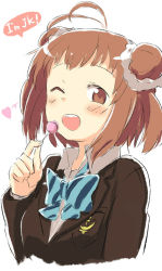 Rule 34 | 10s, 1girl, ;d, alternate costume, antenna hair, blazer, bow, brown eyes, brown hair, candy, double bun, engiyoshi, food, heart, holding, jacket, kantai collection, lollipop, looking at viewer, naka (kancolle), one eye closed, open mouth, school uniform, short hair, smile, solo