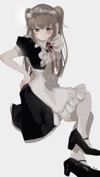 Rule 34 | 1girl, absurdres, apron, bad id, bad pixiv id, black dress, black footwear, blush, bow, brown bow, brown eyes, brown hair, closed mouth, collared dress, dress, frilled apron, frills, grey background, hair between eyes, hand on own hip, high heels, highres, long hair, maid, original, puffy short sleeves, puffy sleeves, sha2mo, short sleeves, signature, simple background, solo, thighhighs, twintails, very long hair, white apron, white thighhighs