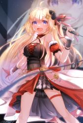 Rule 34 | 1girl, :d, absurdres, animal ears, blonde hair, breasts, choker, commentary, covered navel, cross-laced clothes, cross-laced top, detached sleeves, english commentary, frilled choker, frills, gloves, halterneck, highres, holding, holding microphone, hololive, horns, large breasts, long hair, looking at viewer, microphone, midriff, miniskirt, music, official alternate costume, open mouth, overskirt, puffy short sleeves, puffy sleeves, purple (jobseeking), purple eyes, red choker, red gloves, sheep ears, sheep girl, sheep horns, short sleeves, singing, single glove, skirt, smile, solo, thigh strap, tsunomaki watame, tsunomaki watame (1st solo live), very long hair, virtual youtuber