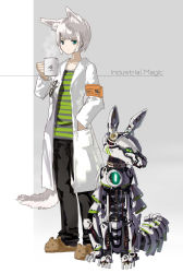 Rule 34 | 1girl, animal ears, armband, black pants, blue eyes, closed mouth, commentary request, cup, fox, fox ears, fox tail, green shirt, grey background, hand in pocket, highres, inabi, lab coat, long sleeves, looking at viewer, original, pants, robot, shirt, short hair, slippers, solo, standing, striped clothes, striped shirt, tail, white hair
