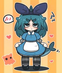 Rule 34 | 1girl, absurdres, alternate costume, apron, black footwear, black hairband, black ribbon, blue dress, blue eyes, blue hair, blush stickers, chibi, closed mouth, collared dress, commentary request, dress, fins, fish tail, fuka-chan, full body, hair ribbon, hairband, heart, highres, long hair, looking at viewer, original, pantyhose, parted bangs, puffy short sleeves, puffy sleeves, ribbon, shark tail, shoes, short eyebrows, short sleeves, solo, spoken blush, standing, striped background, striped clothes, striped pantyhose, tail, thick eyebrows, uni souchou, vertical stripes, waist apron, white apron