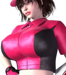 Rule 34 | 1girl, 3d, breasts, brown hair, female focus, fingerless gloves, food, gloves, hat, huge breasts, lipstick, makeup, midriff, pizza, pizza takeout obscenity, pov, rika yagyu, short hair, simple background, solo, umemaro, visor, watch, white background, zipper