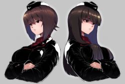 Rule 34 | 10s, 2girls, back-to-back, black hat, black jacket, blunt bangs, breasts, brown eyes, brown hair, closed mouth, commentary request, crossed arms, dress shirt, garrison cap, girls und panzer, grey background, hair over shoulder, hat, jacket, kuromorimine military uniform, large breasts, long hair, long sleeves, medium breasts, military, military hat, military uniform, mityubi, mother and daughter, multiple girls, nishizumi maho, nishizumi shiho, red shirt, shirt, short hair, simple background, standing, uniform, upper body