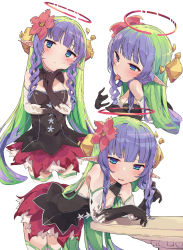 Rule 34 | 1girl, ameth (princess connect!), bare shoulders, black dress, black gloves, blue eyes, blush, braid, breasts, dress, drill hair, drill sidelocks, flower, gloves, green hair, hair flower, hair ornament, halo, highres, image sample, leaning forward, long hair, looking at viewer, multicolored hair, multiple views, open mouth, pink flower, pixiv sample, pkpkpppk, pointy ears, princess connect!, purple hair, red halo, red skirt, side braids, sidelocks, skirt, small breasts, thighhighs, thighs, tongue, tongue out, two-tone hair, white background