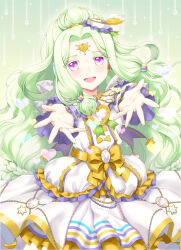 Rule 34 | 1girl, :d, blush, cowboy shot, dress, forehead jewel, foreshortening, frilled dress, frills, green background, green hair, hands up, headphones, heart, jewlie (pripara), long hair, looking at viewer, low-tied sidelocks, open mouth, outstretched arms, pretty series, pripara, purple eyes, reaching, reaching towards viewer, smile, solo, standing, unya (unya-unya), very long hair, white dress