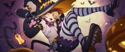 Rule 34 | 1girl, absurdres, animal hands, bat (animal), bell, blonde hair, blurry, blurry background, blurry foreground, breasts, cat tail, earrings, elbow gloves, fangs, full moon, gloves, hair over one eye, hat, highres, huge filesize, jack-o&#039;-lantern, jewelry, jingle bell, lantern, looking at viewer, moon, open mouth, original, paw gloves, rekaerb maerd, short hair, shorts, slit pupils, small breasts, solo, striped clothes, striped thighhighs, tail, thighhighs, witch hat, yellow eyes